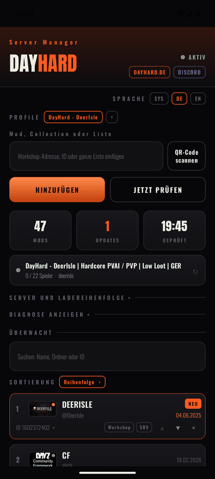 Hauptfenster der App mit Profil, Kennzahlen und Serverstatus
