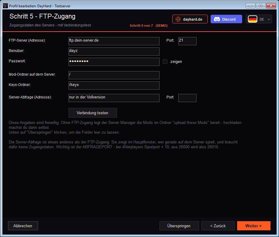 Assistent Schritt 5: FTP-Zugang und Server-Abfrage einrichten