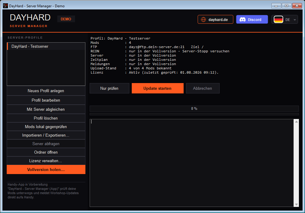 Hauptfenster des DayHard Server Managers mit Profil und Mod-Liste