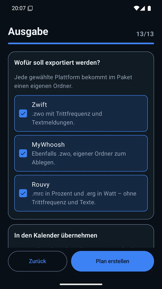 Ausgabeseite des Fragenkatalogs mit den drei angekreuzten Plattformen Zwift, MyWhoosh und Rouvy