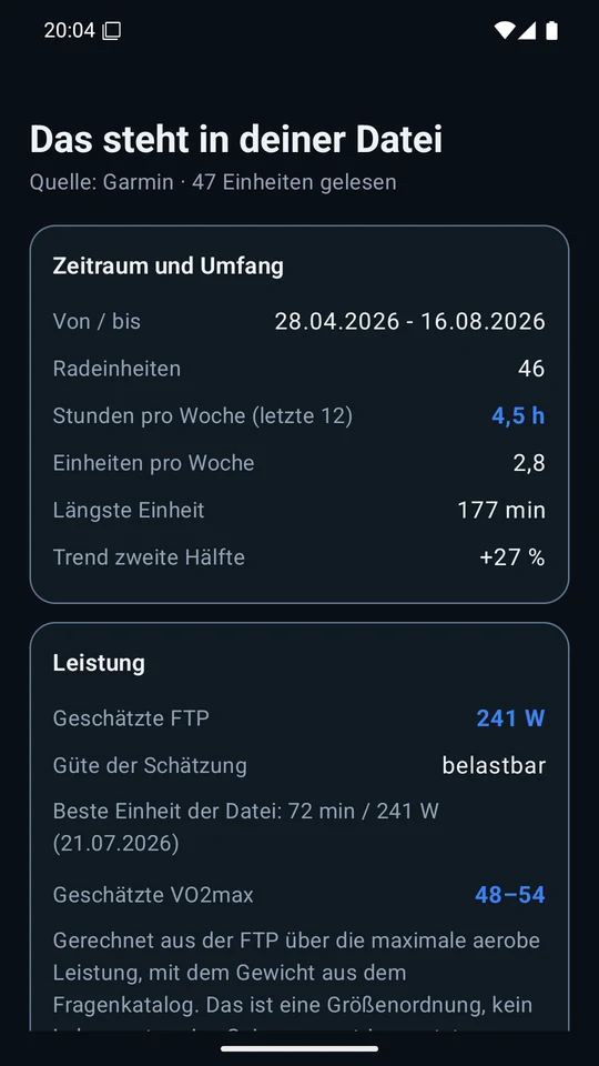 Auswertung der eingelesenen Datei: Zeitraum, Stunden pro Woche, geschätzte FTP und VO2max