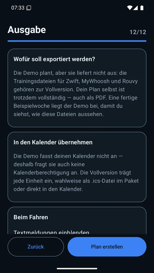 Demo, letzte Seite des Fragenkatalogs: Text, dass die Trainingsdateien und der Kalender zur Vollversion gehören