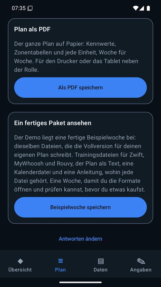 Demo: Karte Plan als PDF mit Knopf zum Speichern, darunter die Karte zur mitgelieferten Beispielwoche