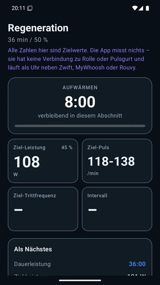 Intervall-Uhr: Abschnitt Aufwärmen mit Restzeit, Zielleistung in Watt und Zielpuls