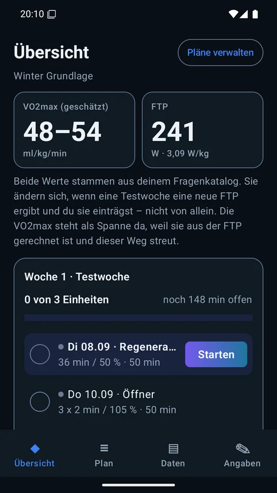 Übersicht: VO2max als Spanne, FTP in Watt und Watt pro Kilogramm, darunter die Einheiten der Woche